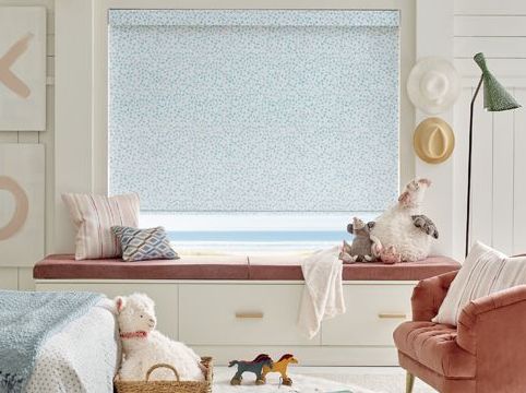 Light blue patterned shades brighten kids room in Scottsdale AZ and Boerne TX