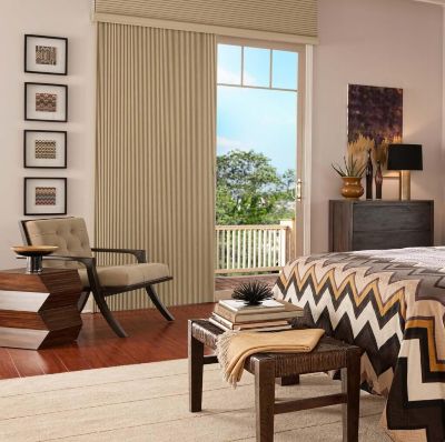 Vertical blinds in bedroom from Blinds By Design in Scottsdale AZ and Boerne TX