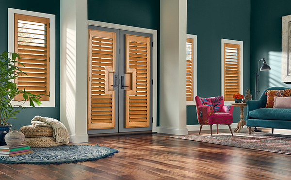 Wood shutters against blue walls